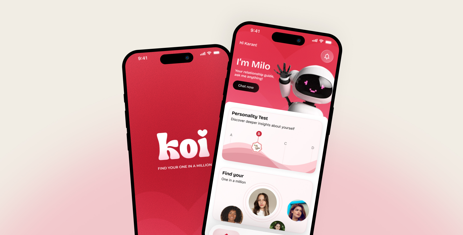 Koi dating app - two phones showing the brand splash and a personality-first interface with Milo, the AI companion.