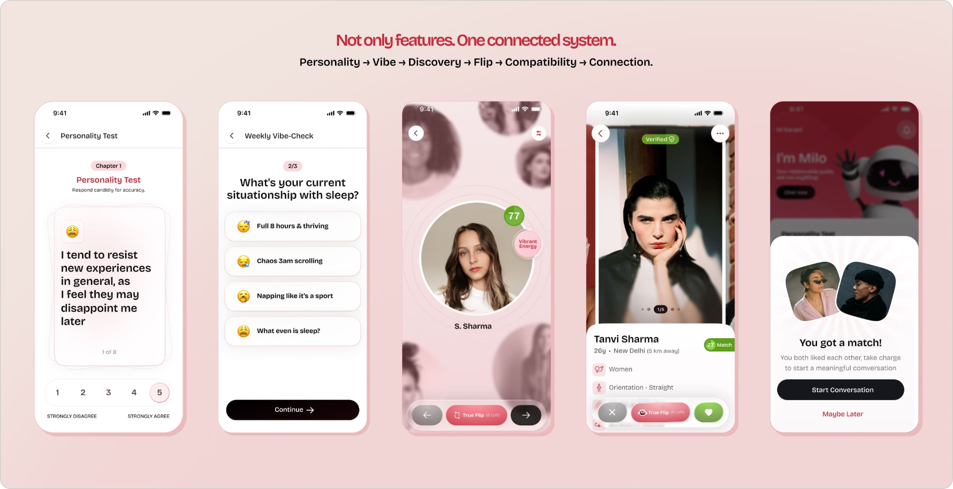 Not only features. One connected system - personality, vibe, discovery, flip, compatibility, connection