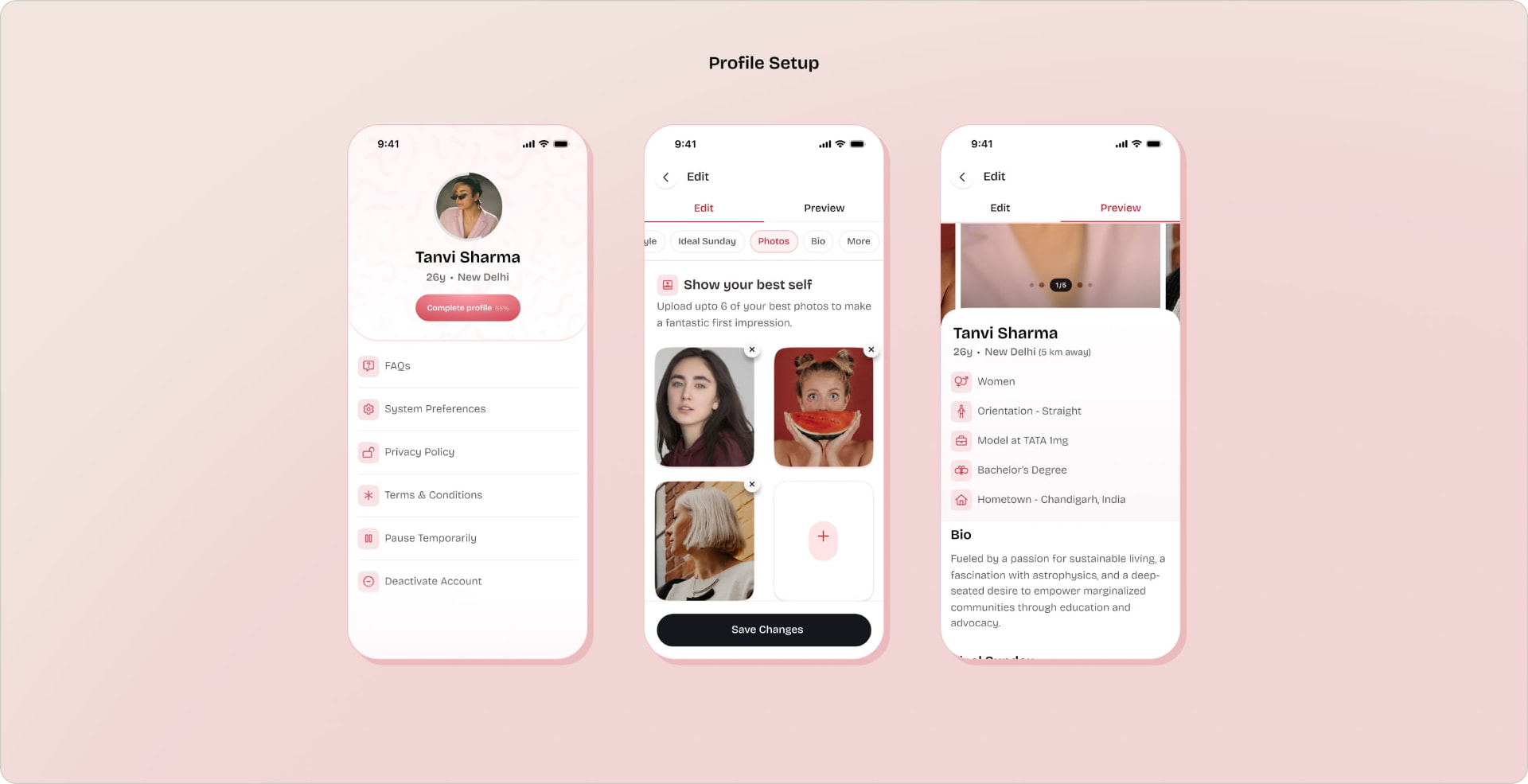 Profile setup - settings, photo selection and profile preview